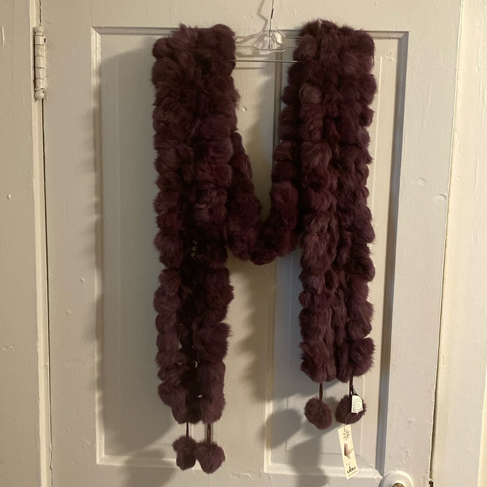 Rabbit fur plum colored pom scarf